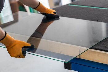 Handwerker bei Glasmontage mit Handschuhen